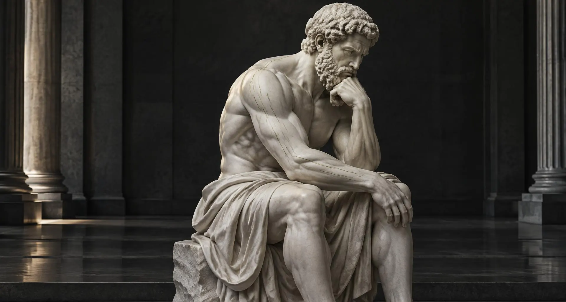 Escultura clásica de un pensador musculado, con finos circuitos integrados en el mármol